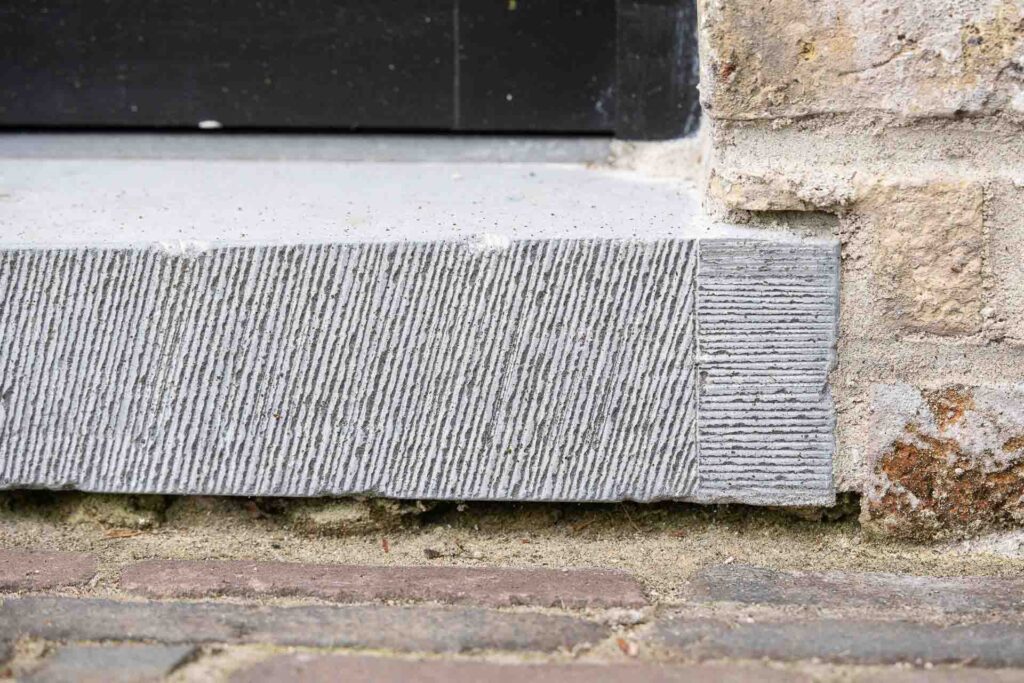Verouderde dorpel in arduin. De blauwe hardsteen wordt bewerkt met technieken om hem te verouderen en te verfraaien.
